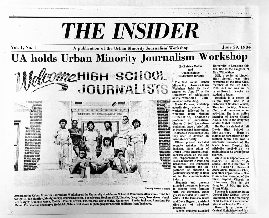 Front page of the Insider newspaper showing the first class of MJW students in 1984.