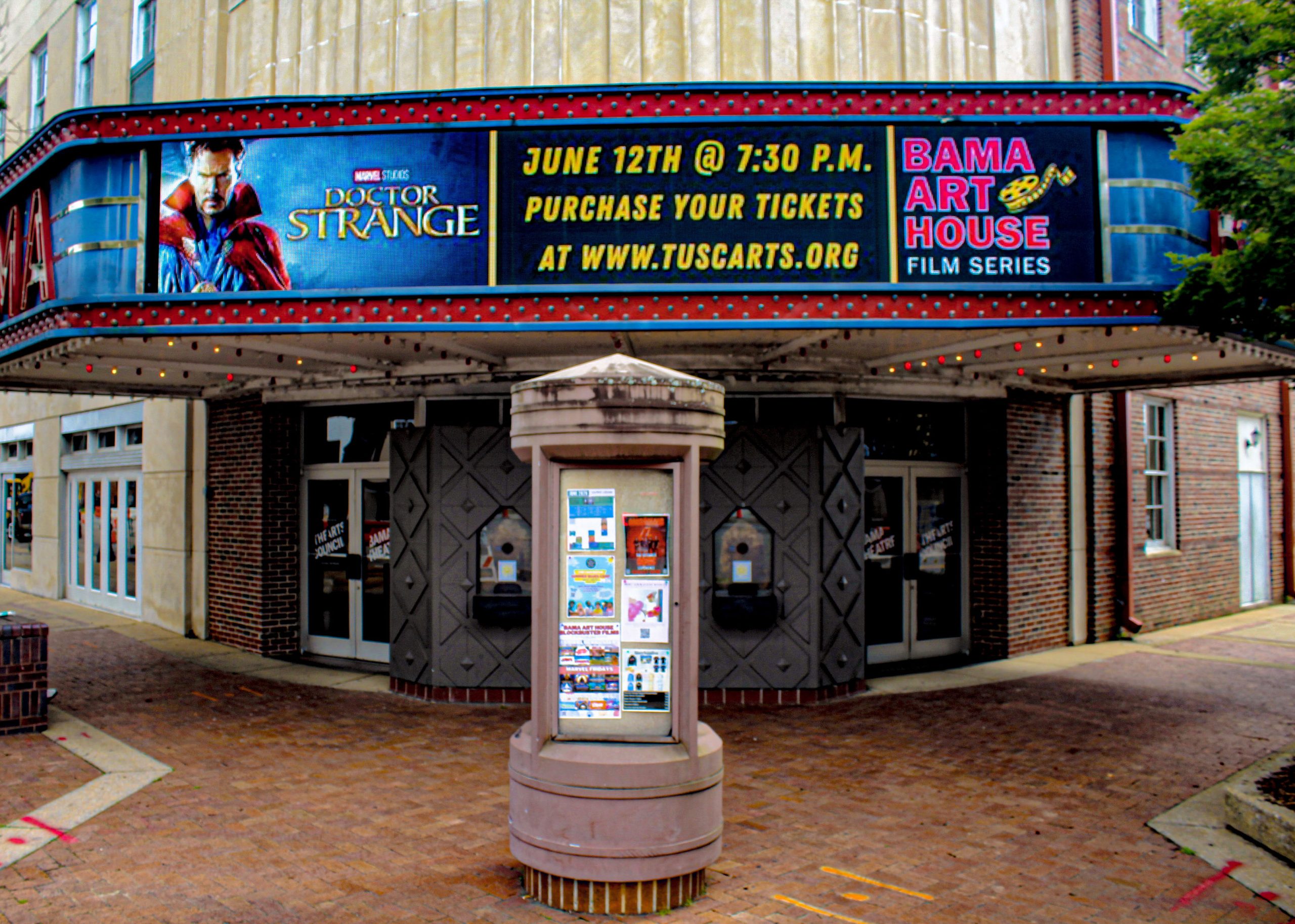 Marquee outside the Bama Theatre in Tuscaloosa, Alabama.